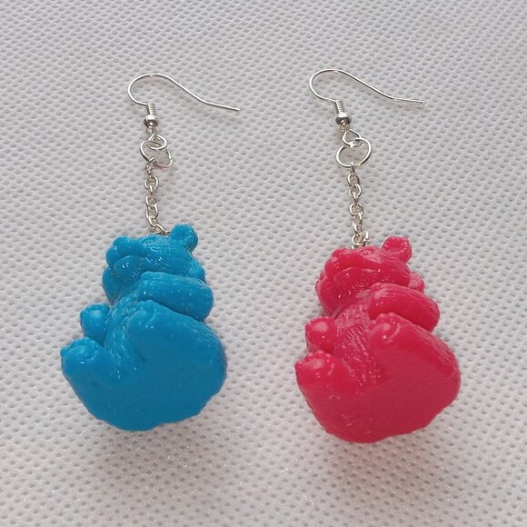 Fun Weird Earrings, Blue & Red Teddy Bear Earrings, Wild, Funky, One of a Kind - Picture 3 of 7